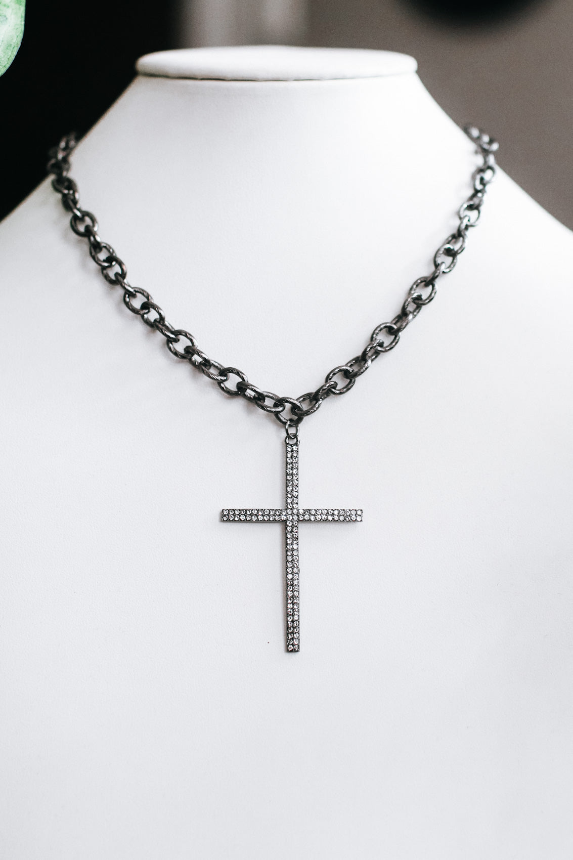 Skinny Two Row Rhinestone Cross Necklace