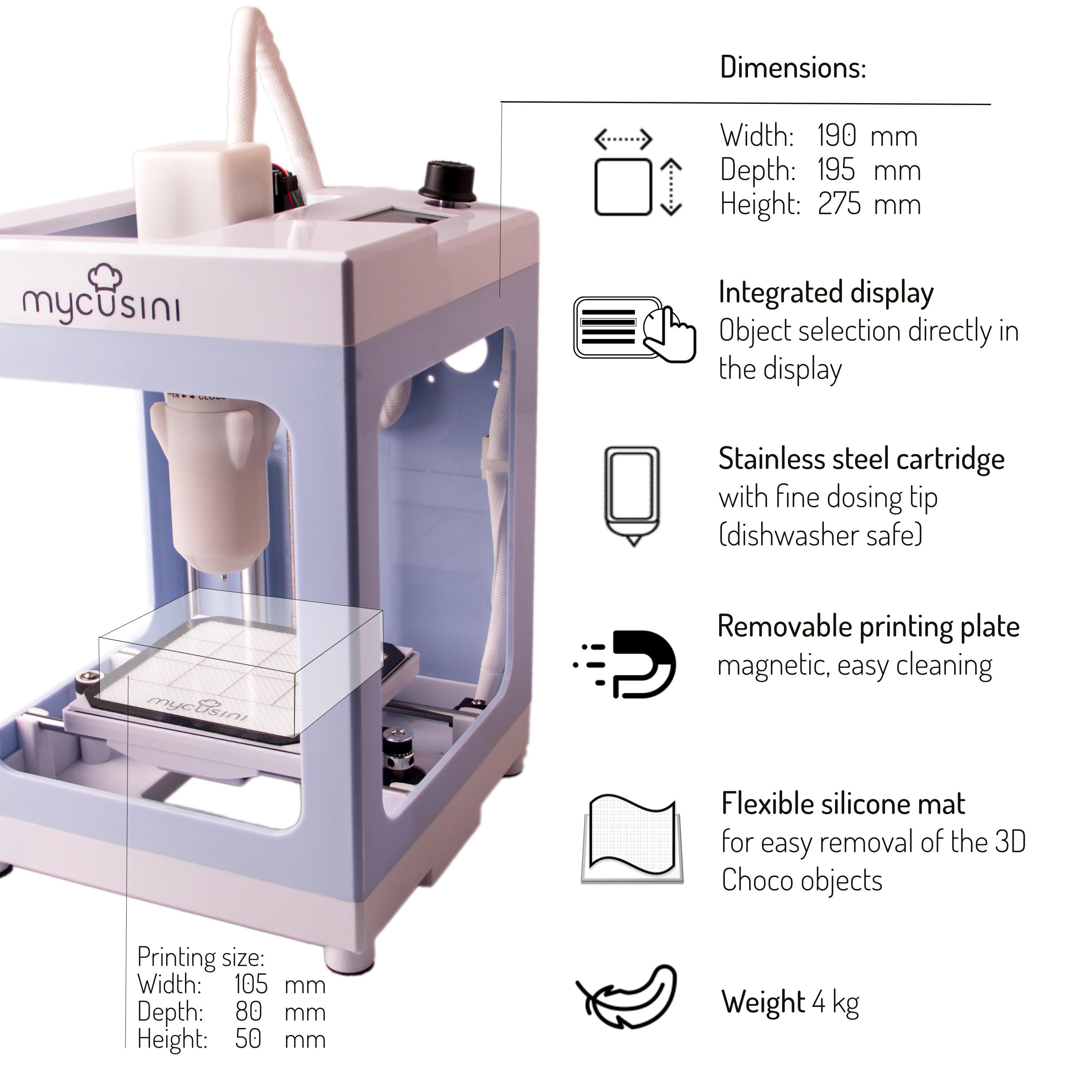 mycusini 3D Schokoladendrucker inkl. über 1.000 3D Vorlagen und 3D Choco in gebrauchsfertigen Refills Nachfüllpackungen