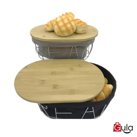Panier à pain en inox et tissu en lin avec planche en bambou