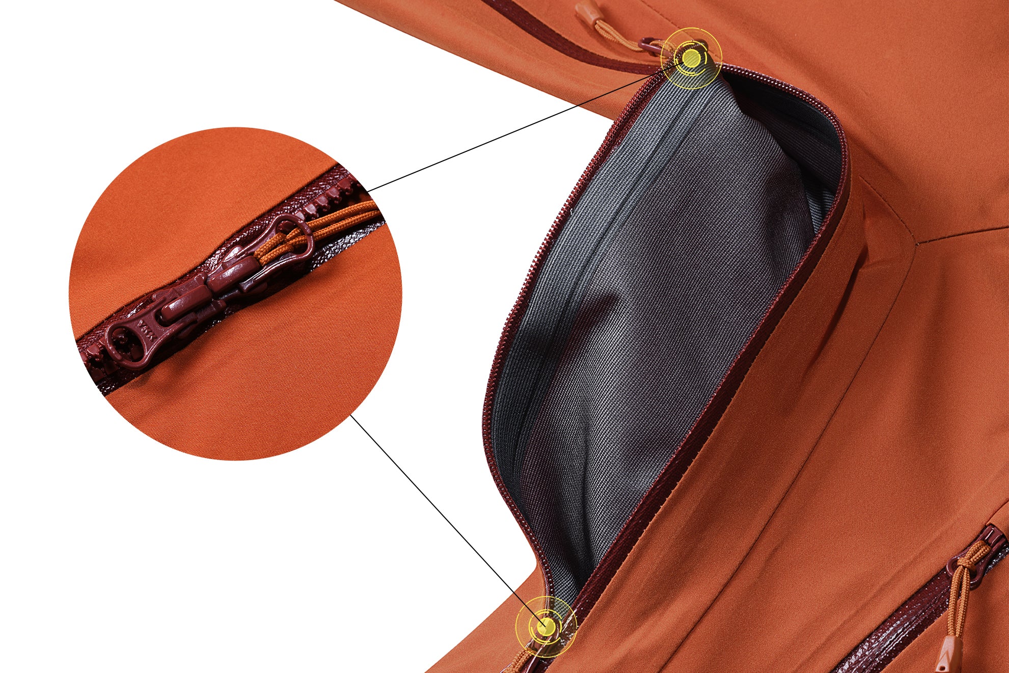 Water-repellent two-way pit zips