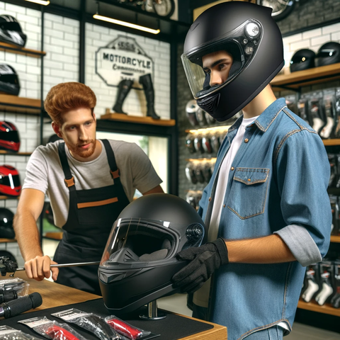 a motorcycle rider trying on different helmets being assisted by a sales specialist