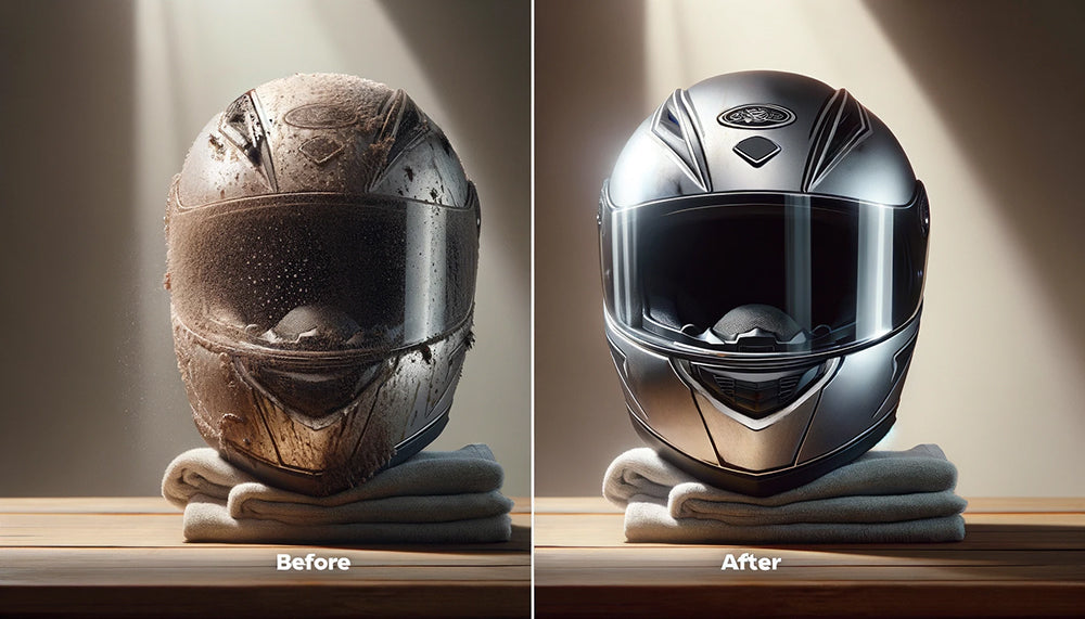 before and after image of a motorcycle helmet that's been properly cleaned