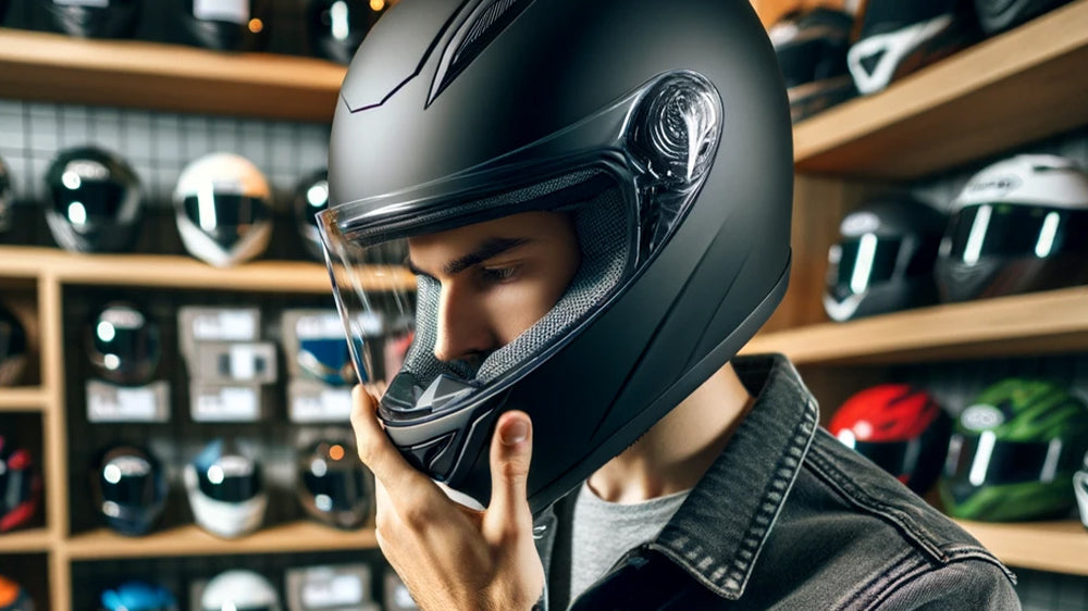 rider trying on the fit of a new motorcycle helmet