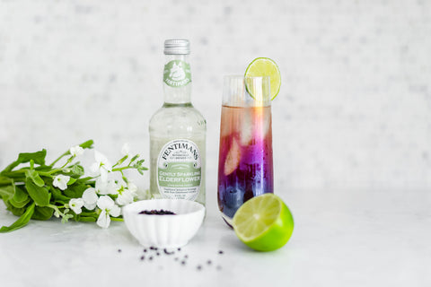 Elderberry Spritzer with Elderberry Syruplady's Elderberry Syrup, Fentimans Elderflower Sparkling Water, or Prosecco, and lime.