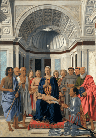 Bambin Gesù in grembo alla Madonna, nella celebre pala d’altare di Piero della Francesca conservata alla Pinacoteca di Brera a Milano.