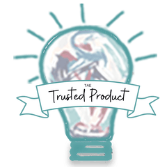 A large lightbulb with a mix of green, grey, blue, peach, and burgundy swirls in the center, and a green outline. A white ribbon banner is on top of it and reads "TAE Trusted Product"