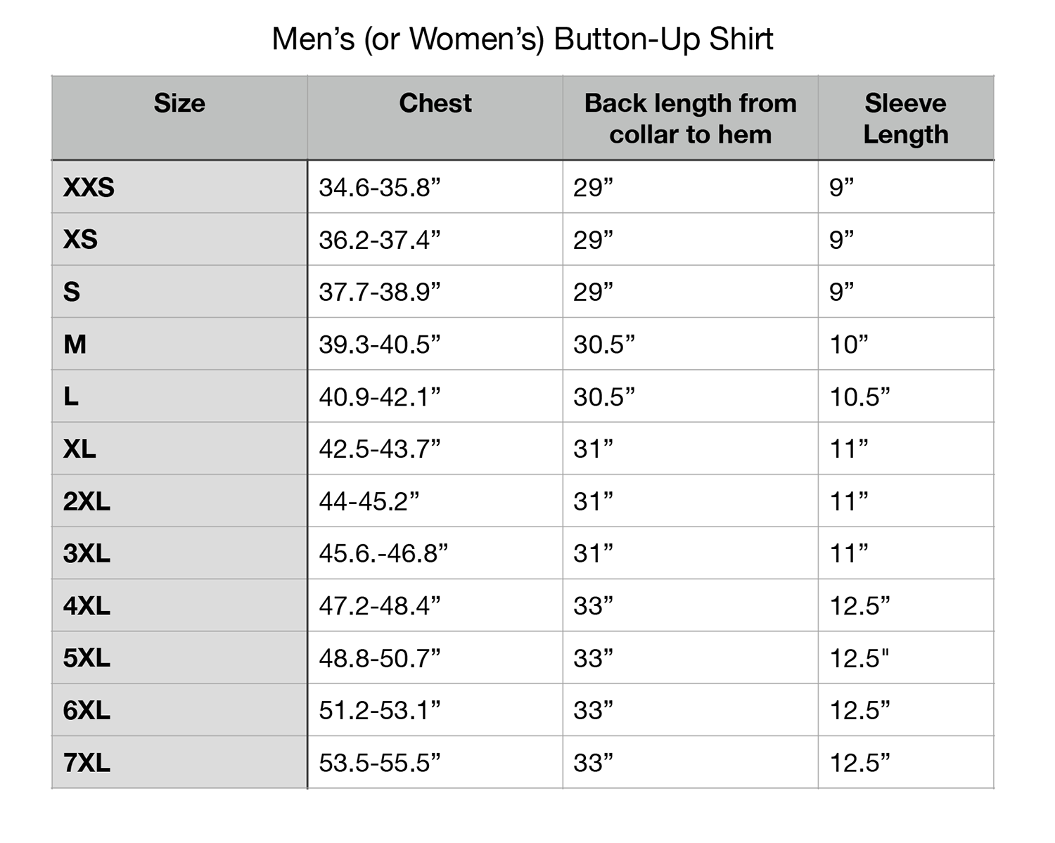 button up shirt size chart