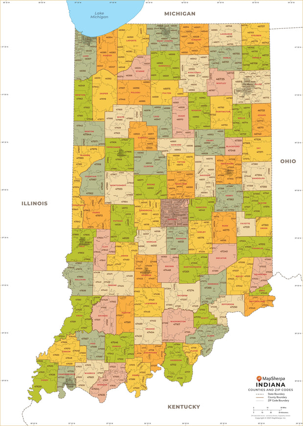 Indiana Zip Code Map With Counties American Map Store 6472