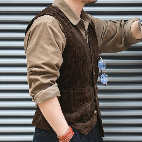 Men's Corduroy Vests Casual Single Breasted Vest Hunting Workwear