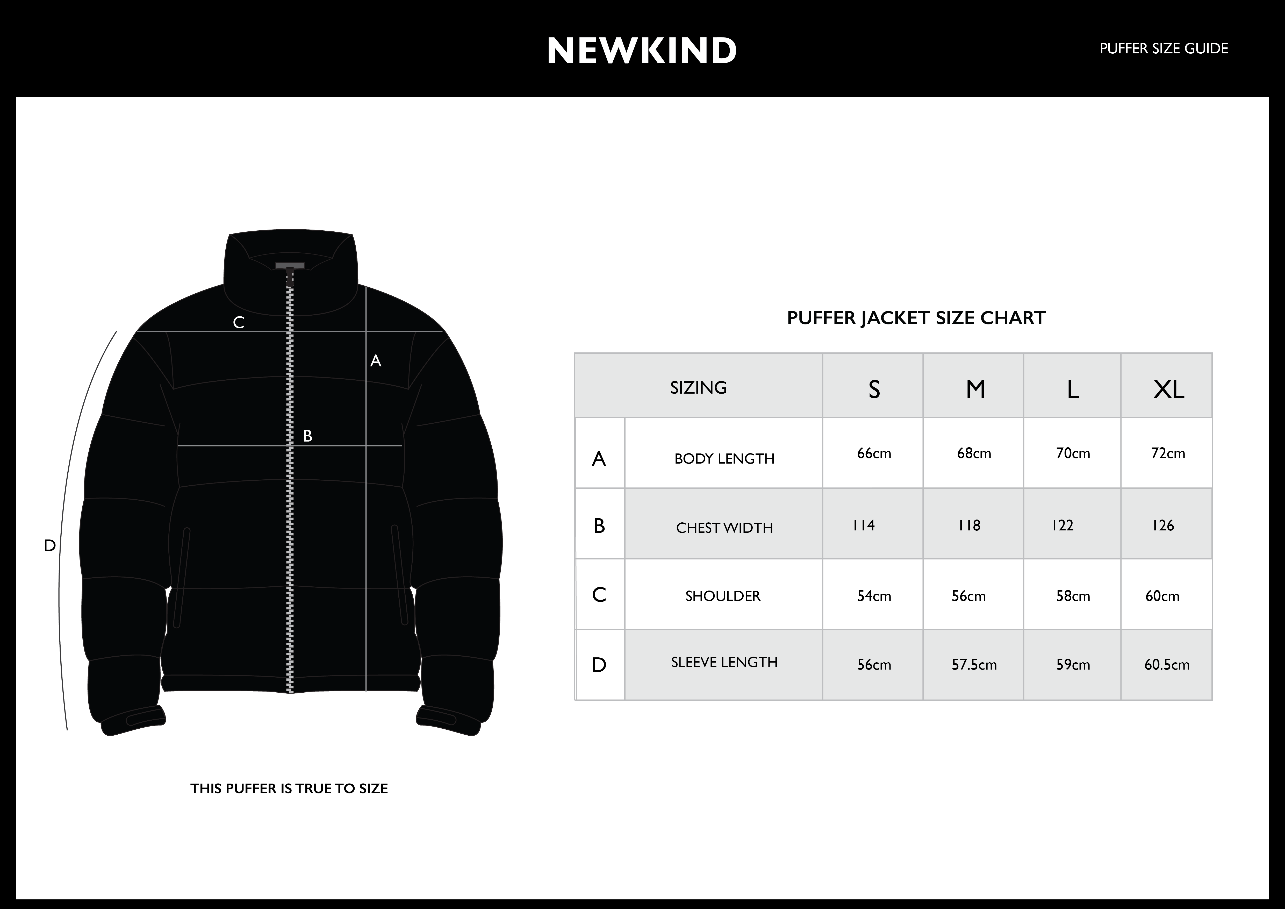 Puffer jacket size chart