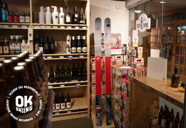 Skevik x Okanagan Spring Brewery collab skis on display at Big White Liquor Store