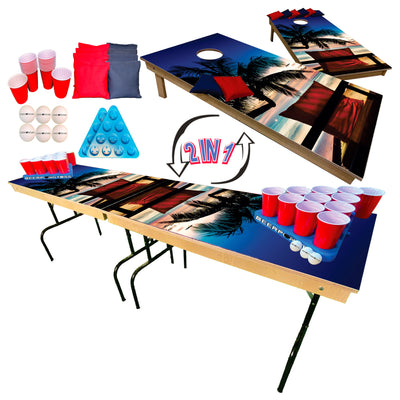Tropical Beach Chair Night Sunset Premium Cornhole Boards & Beer Pong Table