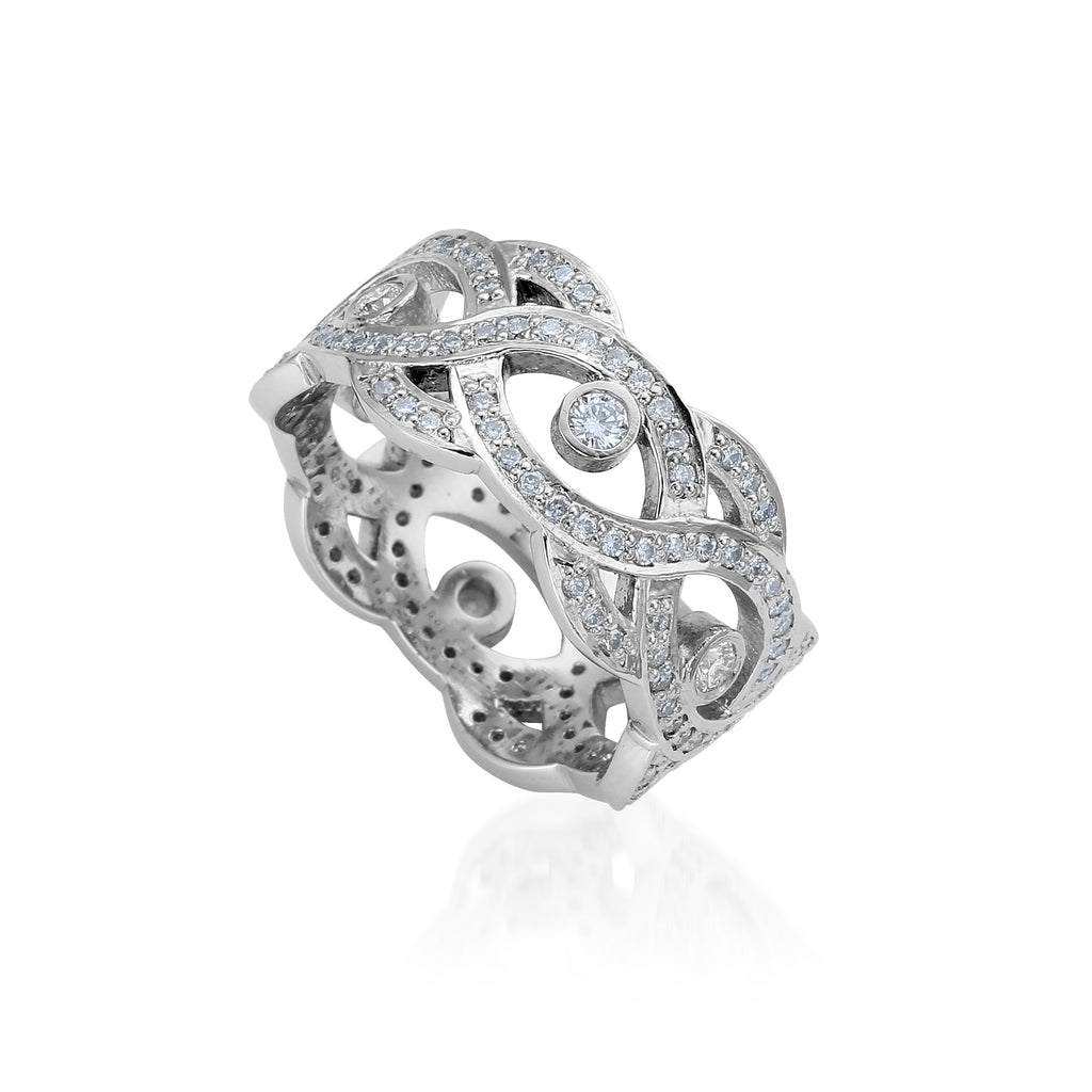 wide entwined Art Deco bespoke wedding ring encrusted with tiny diamonds