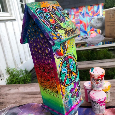 Arthur's Acres Animal Sanctuary hand painted rainbow art bee house colorful art by allie for the soul allison luci art allison carney painted live