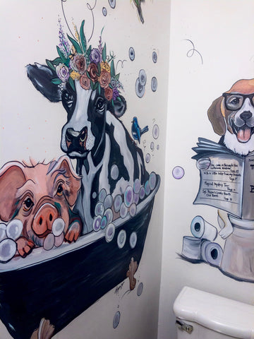 cute animal mural bathroom art allison luci allie for the soul cow pig dog toilet bubble bath