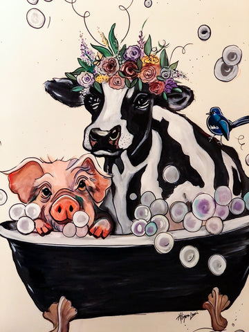 cow with flower crown and a pig in the bubble bath bathroom art mural nyc artist allie for the soul allison luci animal art