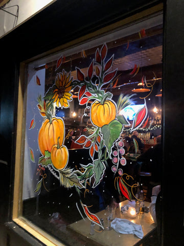 Autumn Fall Window Painting Window Decor Artist Art Allie for the Soul Woodside NY SUnnyside NY Copper Kettle