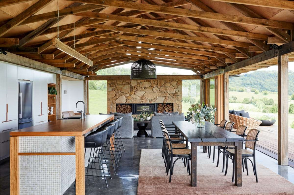 Modern Farmhouse Stone Fireplace and Dining Room