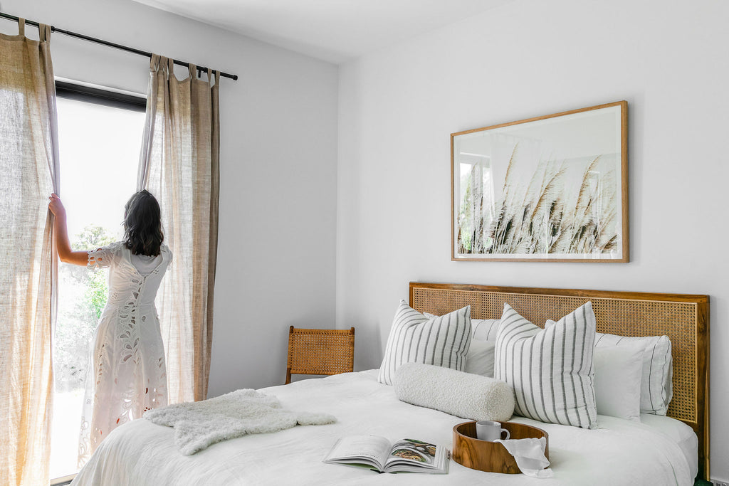 Solvig Rattan Bedhead in white bedroom