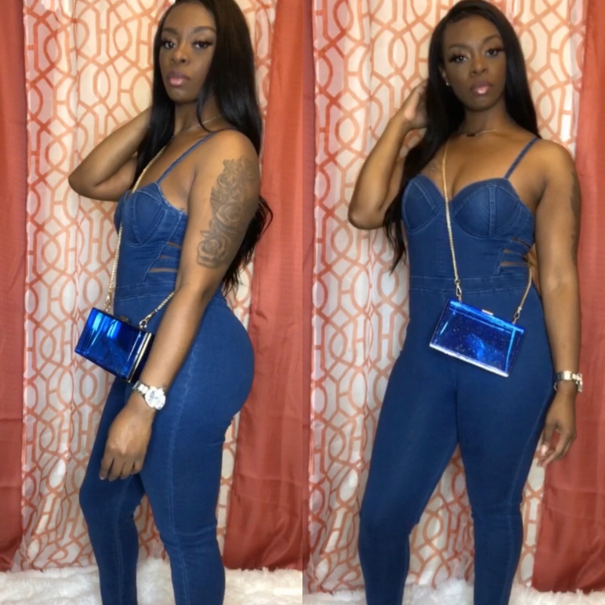 spaghetti strap denim jumpsuit