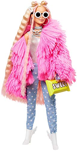 Barbie Extra Doll in Pink Fluffy Coat with Unicorn-Pig Toy