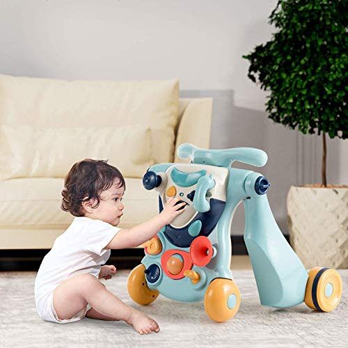 Maxmass 3 in 1 Sit to Stand Walker, Interactive Baby Walker with Light and Music, Ride on Car Educational Toy for Kids Toddlers (Blue)