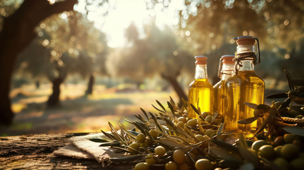 bouteilles d'huile d'olive sur une table de jardin