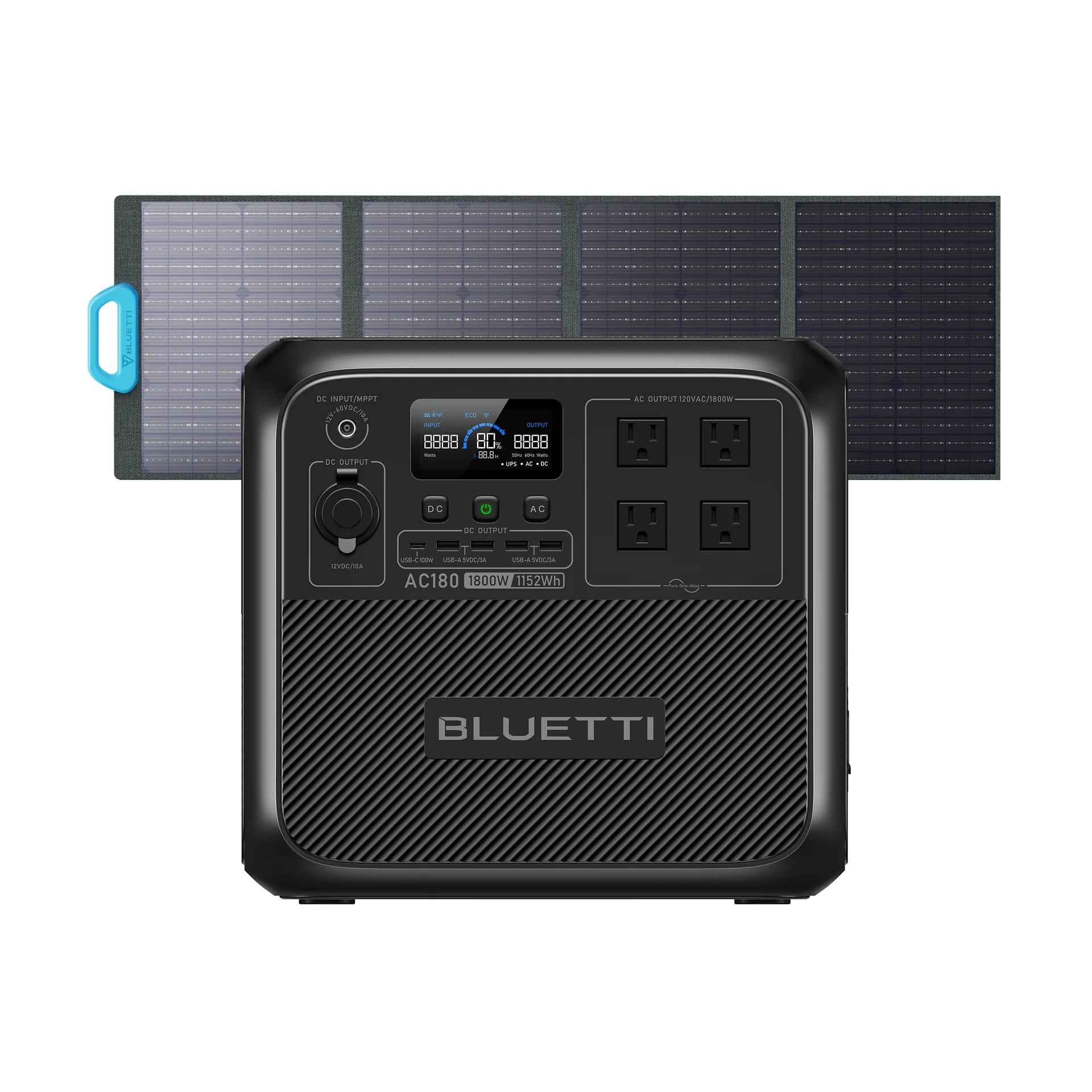 BLUETTI AC180 Solar Portable Power Station / 1,800W 1,152Wh, AC180+PV120 / 1800W, 1152Wh, 120W Solar Kit