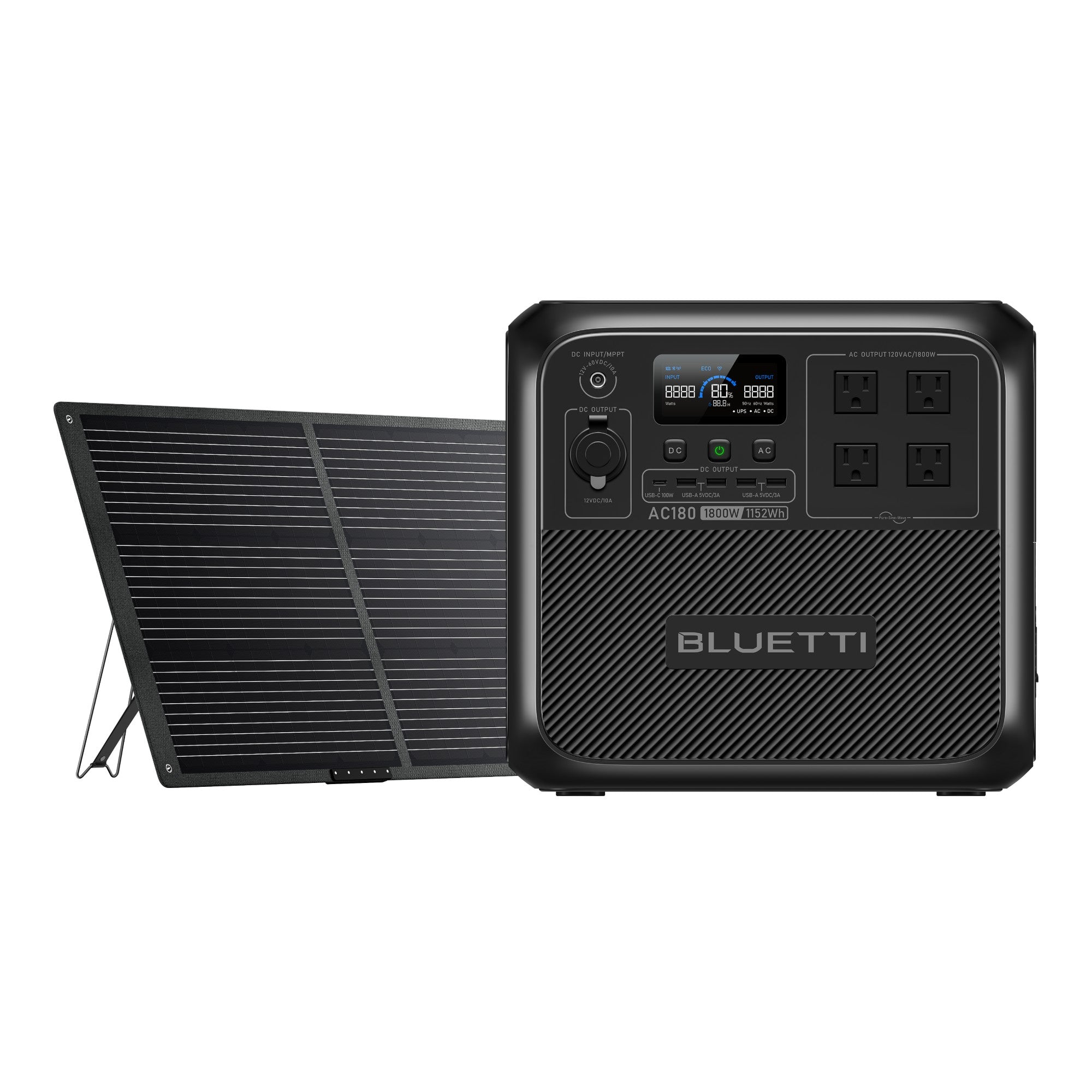 BLUETTI AC180 Solar Portable Power Station / 1,800W 1,152Wh / Flexible 4 Recharging Ways (AC/Solar/Car/Generator) AC180+PV220 / 1800W,1152Wh,220W,
