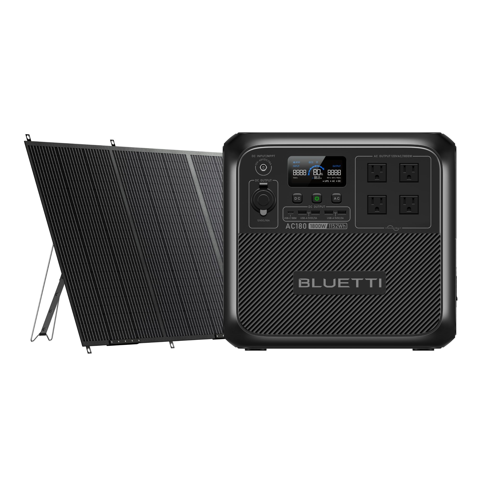 BLUETTI AC180 Solar Portable Power Station / 1,800W 1,152Wh / Flexible 4 Recharging Ways (AC/Solar/Car/Generator) AC180+PV380 / 1800W,1440Wh,380W