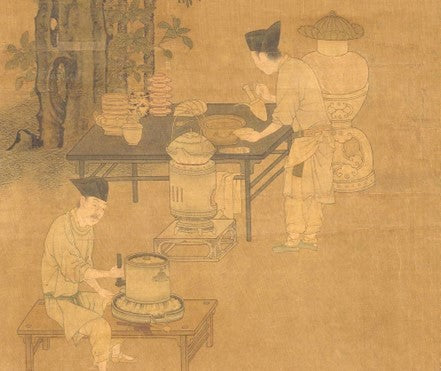 Deux serveurs préparant le thé en poudre à l'époque de la dynastie song