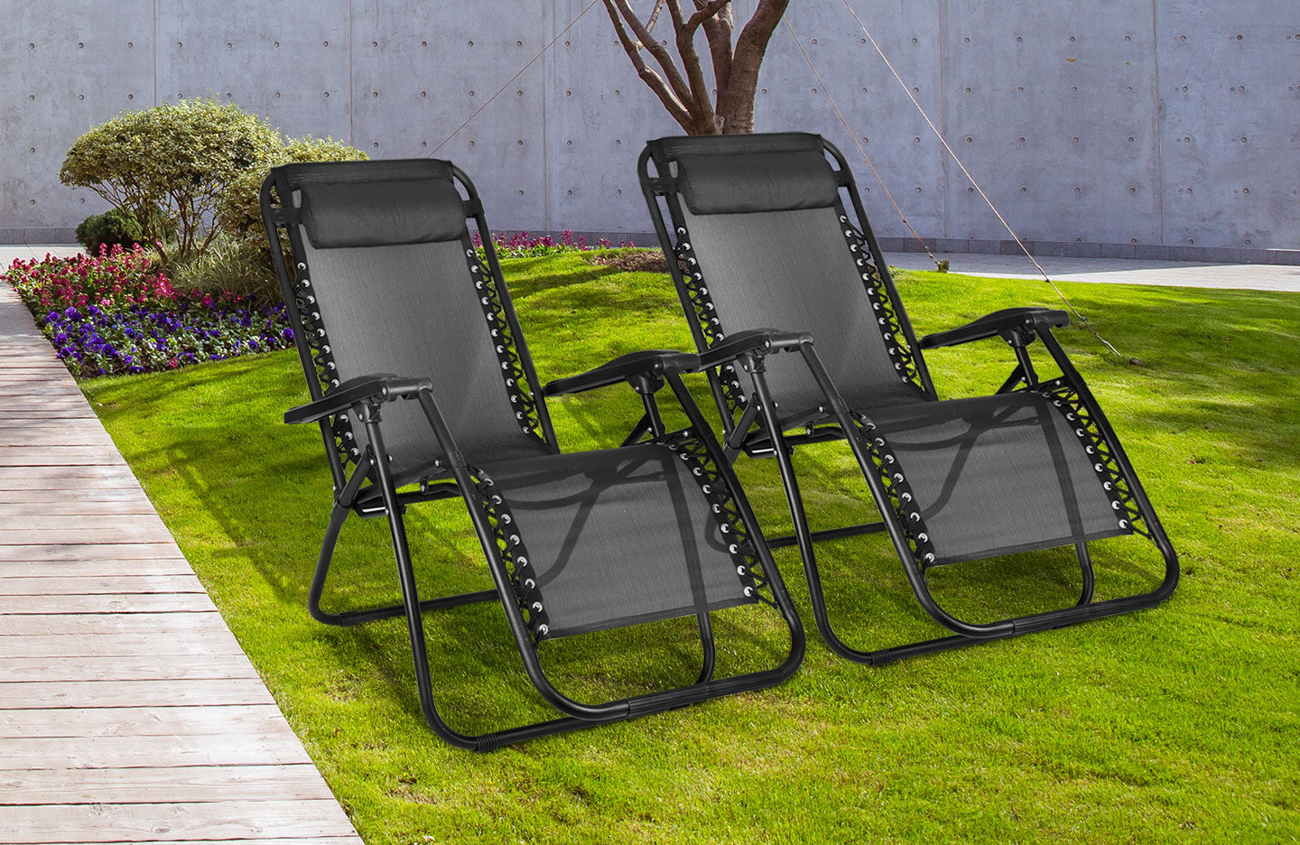 Set of 2 Sun Lounger Folding Recliner Garden Chair Leisure Beach Chair with Headrest