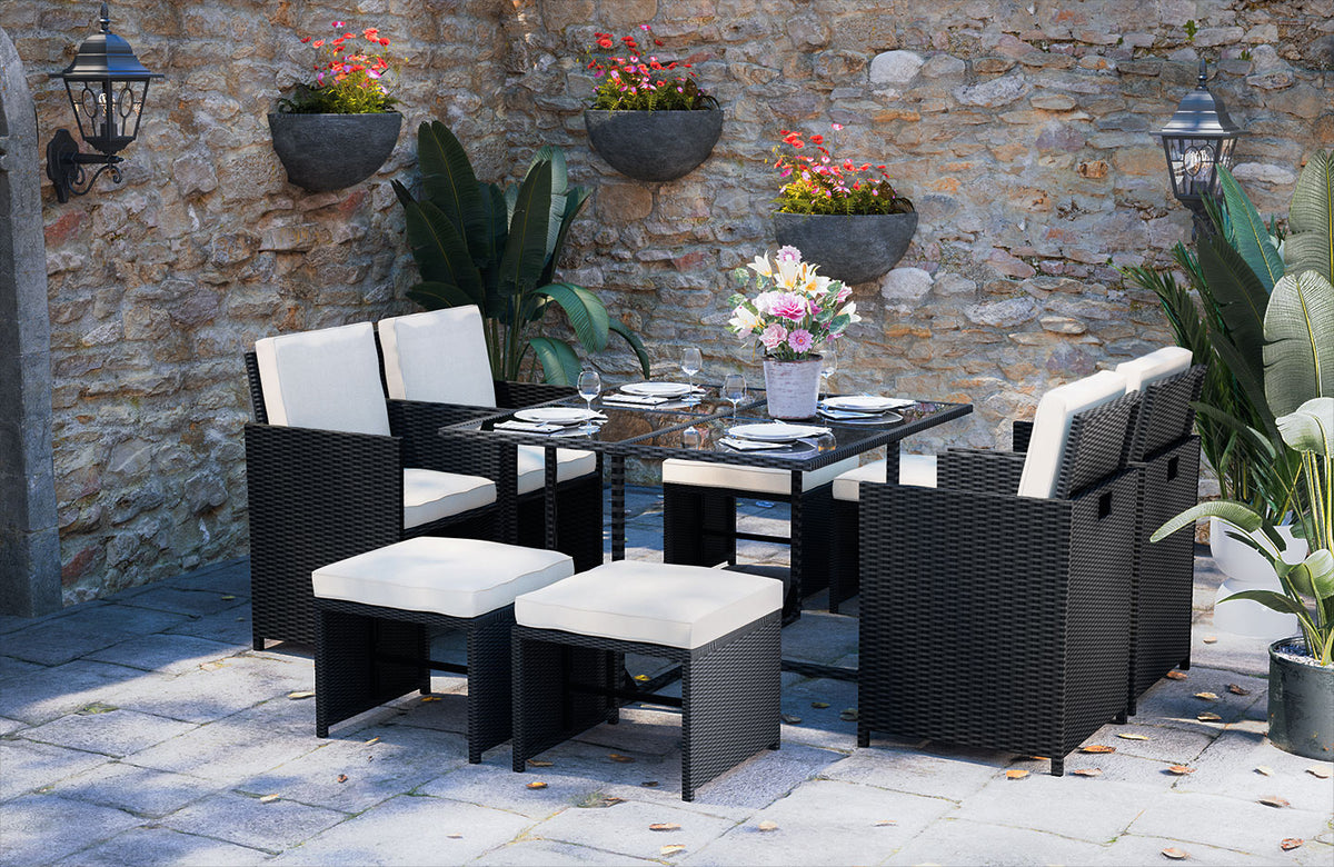 9 Piece Outdoor Garden Furniture Rattan Cube Dining Set 8 Seater with Cushions Black