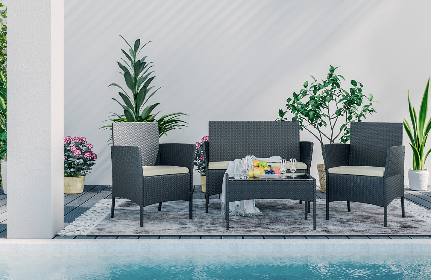 4-Seater Rattan Garden Furniture Set - Black / without Cover