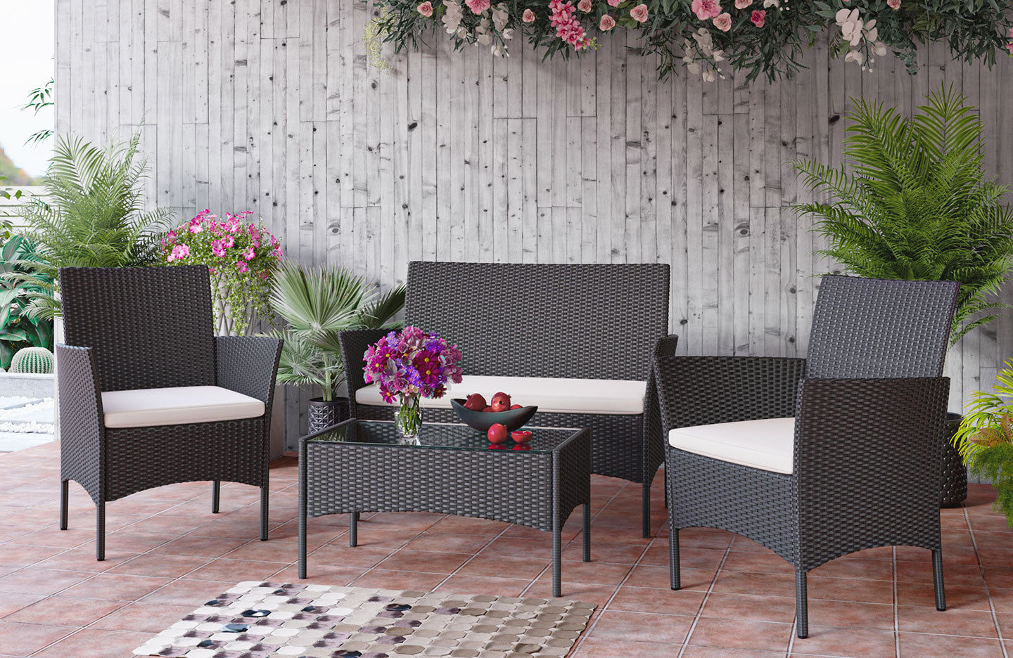 Rattan Garden Furniture 4 Piece Patio Set with 2 Single Chairs, 1 Double Sofa and 1 Table Black