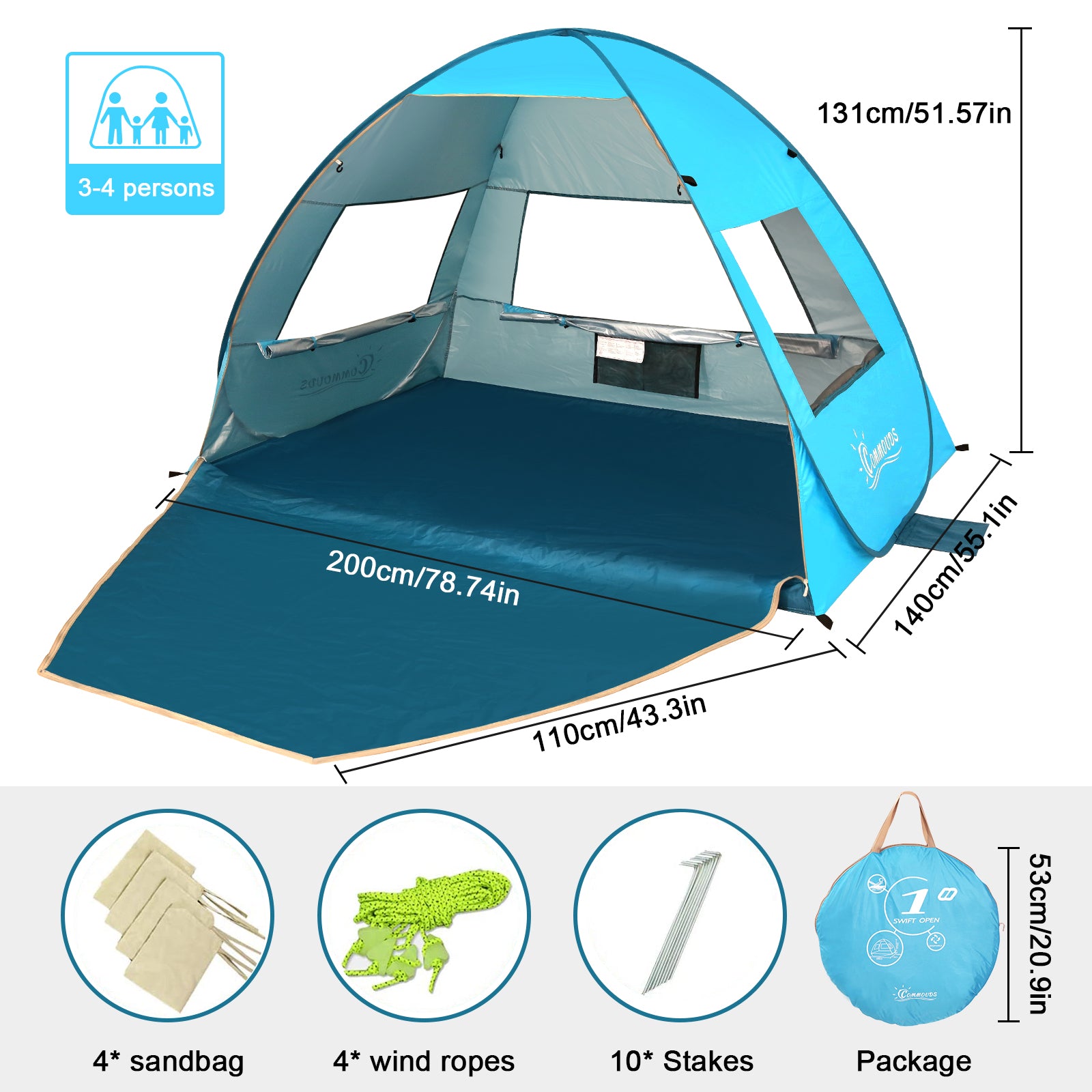 COMMOUDS Beach Tent Canopy with Sandbag & 4 Poles UPF50+ Portable