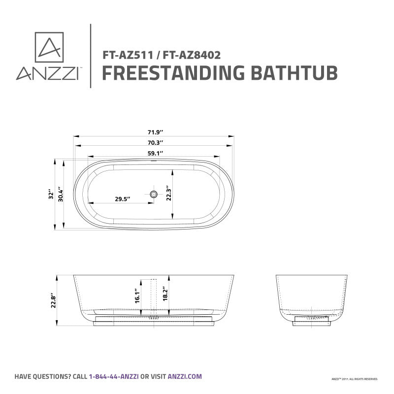 FT-AZ8418 - ANZZI Tuasavi 5.6 ft. Solid Surface Center Drain 