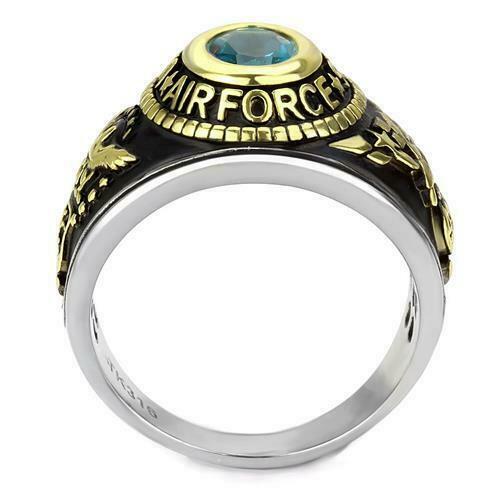 Jewellery Kingdom Air Force Stainless Steel Unites States 18kt Gold Military Ring Blue Topaz British D Sire