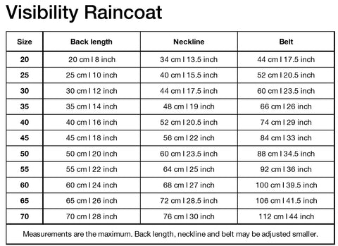 Größentabelle Visibility Raincoat