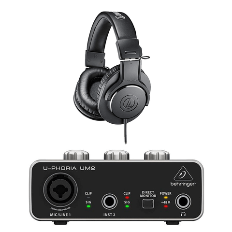 Audio-Technica ATH-M20x Over-Ear Professional Studio Monitor Headphones and Behringer U-PHORIA UM2 2 x 2 Audio interface Combo