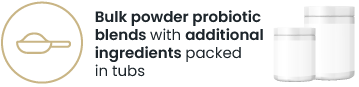 Text: Bulk powder probiotic blend with additional ingredients packed in tubs. Image: Two white label-free product tubs