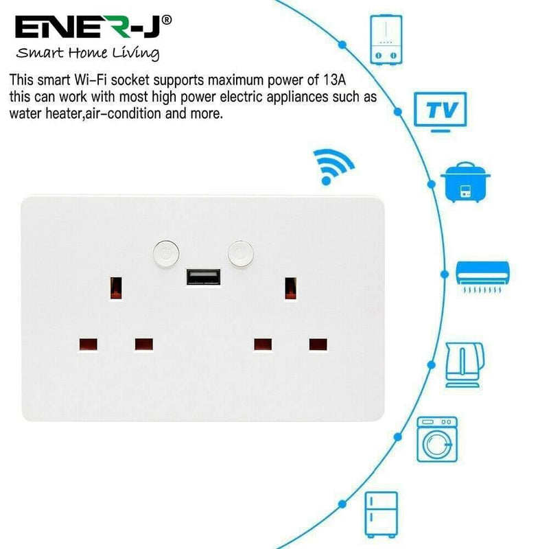 Ener-J Smart WIFI Double Socket + USB (White Body) - Ener-J - The Smart Cave