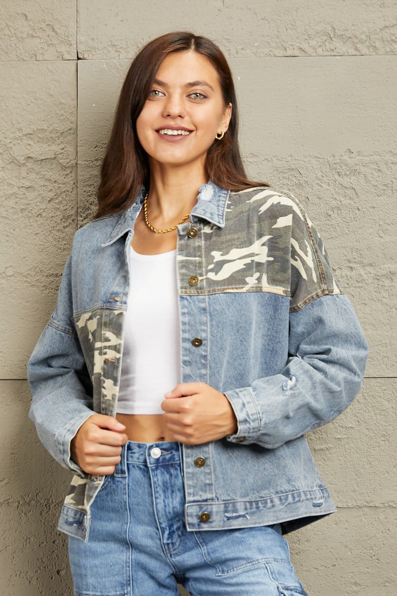 American Bazi Full Size Distressed Button Down Denim Jacket in Lavende –  Kamakhyaa