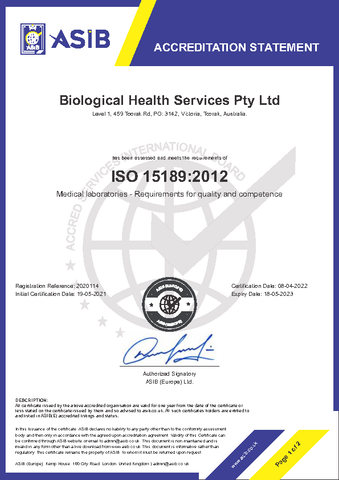 Certification for mould.net.au ISO 15189:2012 - page 1