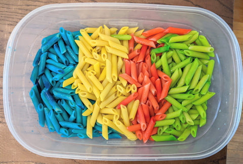 Pasta, sensory bin, colour pasta for sensory bin, taste-safe sensory bin, sensory bin for toddlers, safe sensory bin ideas for kids