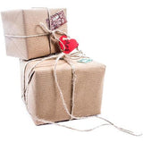 two boxes wrapped with brown paper and string