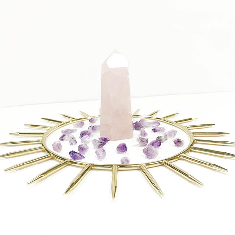 Rose quartz stone, amethyst crystal, sun ring gold