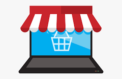 Illustration of a laptop with handbasket on the screen and a store awning along top edge of screen.