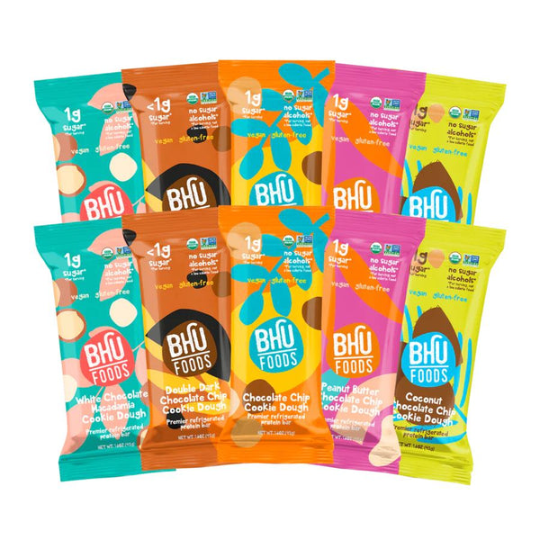 Variety of Bhu Foods Low Sodium Protein Bars flavors
