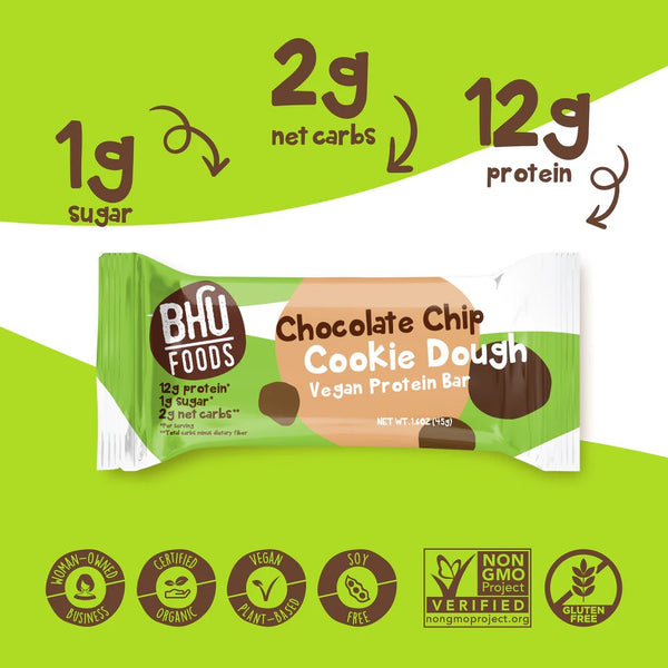 Nutritional illustrations pointing to the healthfulness of Bhu Foods Protein Bars, an excellent choice for high protein vegan snacks